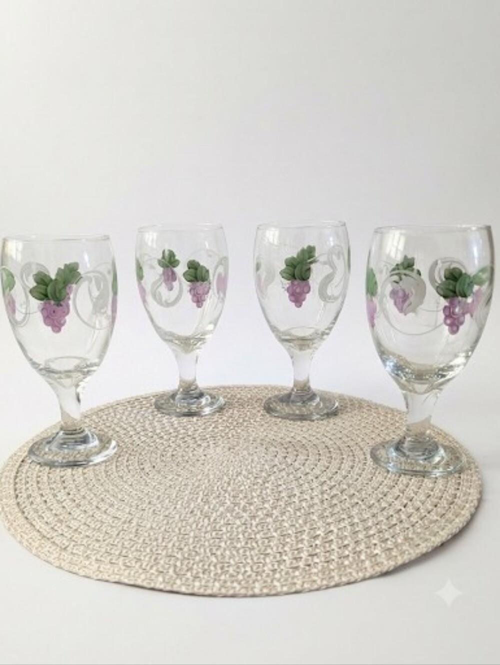 Vintage Clear Glass Goblets with Purple Grape & Vine Motif (Set of 4)